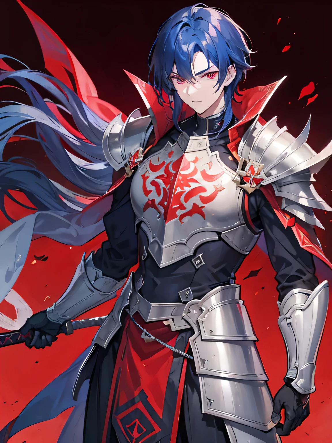 A handsome man, Paladin, red crimson eyes color, dark blue hair color, 27-year-old, armor, great sword