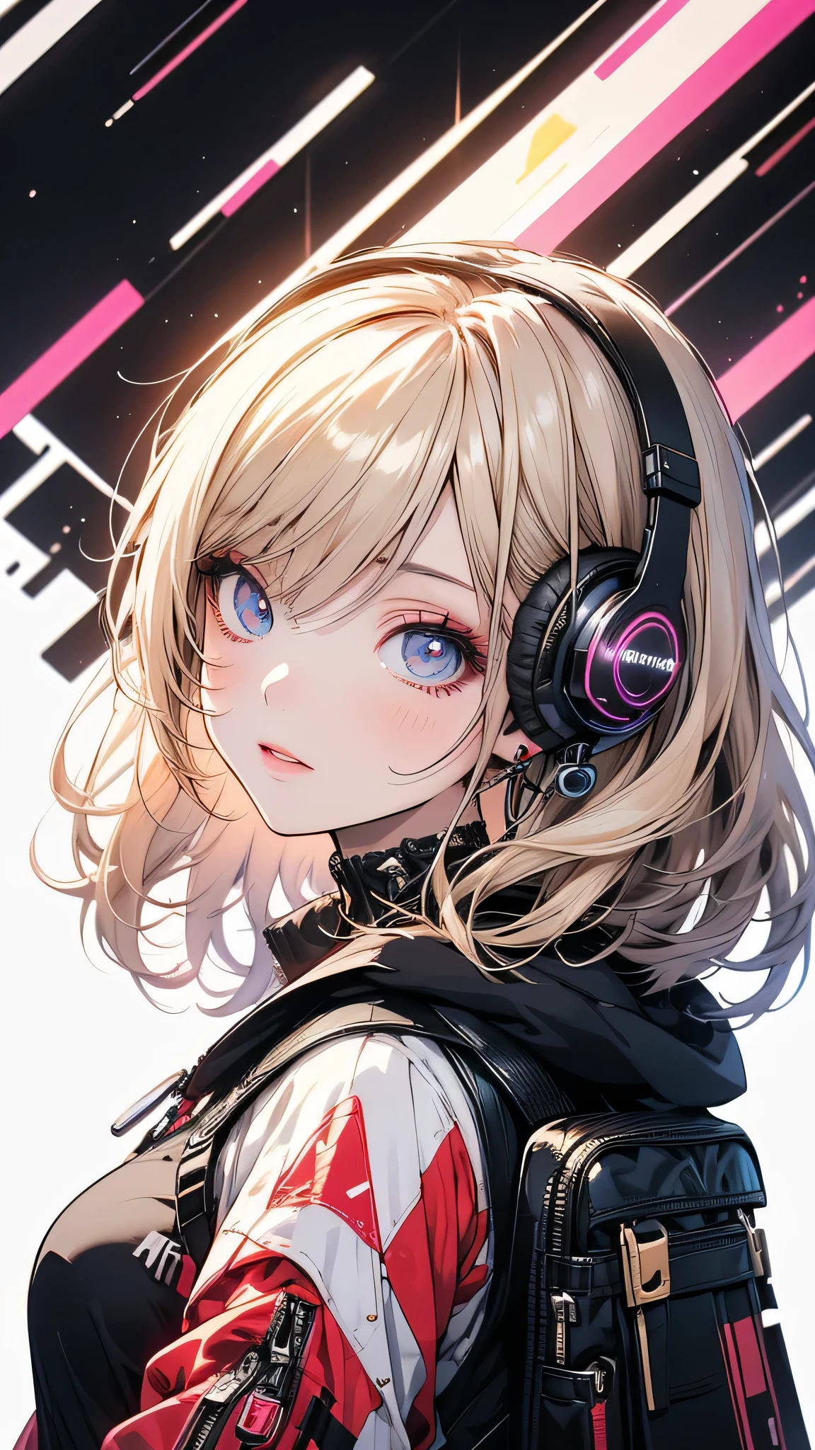 (Masterpiece:1.4)、(Highest quality:1.4)、Anime girl with headphones and backpack looking at cell phone, Anime style 4k, (Very delicate and beautiful face), (Beautiful eyes in every detail), デジタルAnime Art, Nightcore, Digital anime illustration, Anime Art, Super Detail, cyber punk,