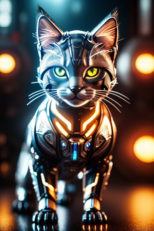 a cute robotic kitten, highly detailed, realistic, photorealistic, 8k, intricate details, sharp focus, physically-based rendering, glossy metallic fur, glowing led eyes, whimsical expression, adorable mechanical paws, sleek robotic body, complex inner machinery, futuristic cyber pet, radiant lighting, dynamic pose, vibrant colors
