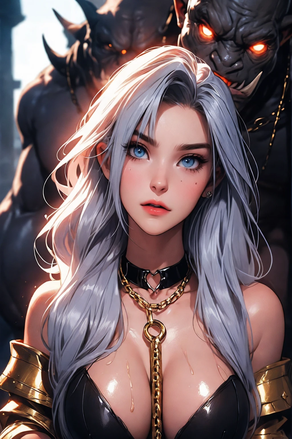 (lifelike, high - resolution:1.3), 1 girl with a perfect body,slender body, Super fine face and eyes,assasin, dark makeup, shiny skin,white hair, (surrounded by monster, orc), demons, beautiful captured girl, horror, light blue eyes, dark, sexy, rough, , bdsm, golden chains, (golden leash), collar, beautiful bodies, slim, horror style, highly detailed faces, red silk underware, stockings, leather tight boots, closeup, ((orc groping girl, gangbang)), ((covered in cum))