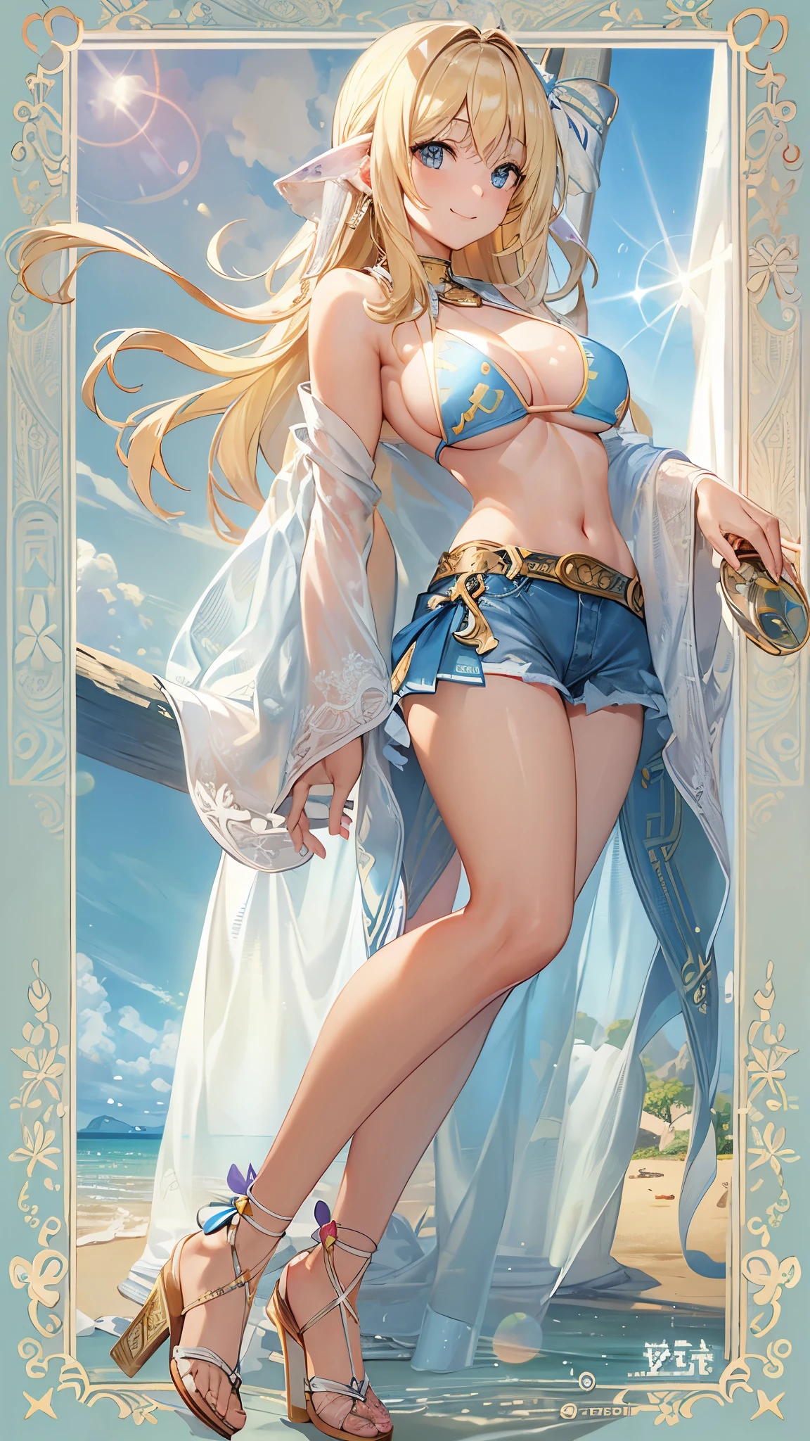 ((Highest quality)),(Ultra-high resolution),(Super detailed),(Detailed Description),((The best CG)),(masterpiece),Highly detailed art,(Art with precise detail:1.5), (woman:1.7),(smile:1.3),(Gorgeous blonde hair:1.6),(Stylish sandals:1.3),(bikini:1.6),(Super High Leg Cut:1.5),Slim abdomen:1.1,(Side boob:1.9),(Bold cuts:1.7),Cleavage:1.6. Pouring Sunshine:1.7,everlasting summer beach:1.6, (Lens flare:1.6)