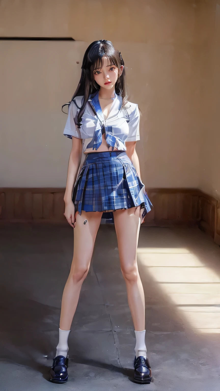 ((masterpiece)),(((最high quality))),(((((Full body shot of a girl taken from the floor:1.7))))),((Photograph the whole body from knee height:1.6)),((((((Please stand up straight with your legs together:1.9)))))),((Thin thighs)),((Long legs)),(((Girl standing in a school classroom:1.8))),(((Micro Mini Skirt Uniform:1.6))),((expensive:1.8)),((Japan  in summer uniform:1.8)),((Wearing a red tie:1.4)),(((There are rows of desks in the classroom:1.5))),(Wearing a white shirt with short sleeves),((Her erect nipples are clearly visible under her clothes.)),((Blue checked micro mini skirt:1.2)),(Age is 15 years old:1.3),bangs,A small smile,((cute girl)),Slender girl,((Black Loafers)),((short white socks up to the ankles,)),cute,The thighs below the groin are slim and firm,cute,Black hair ponytail,Thin legs,Slim Model body type,Very small waist,Small hips,Long thighs,Thin thighs,Thin hands,Long hands,((((Shooting full body from below:1.5)))),(((((k-popのIVEのWONYOUNGにそっくりの***:1.9))))),((Turn your whole body straight ahead:1.8)),((expensive:1.4)),(Stand with your legs straight without bending your knees:1.7),((Please stand up straight:1.7)),((turn your hips forward:1.7)),The ankles are super thin,beauty,Fine skin,Firm Skin,Realistically reproduced skin detail of thin legs,Very detailed, Attention to detail,high quality,Awards,High resolution,(Anatomically correct:1.3),(8k,RAW Photos,最high quality,masterpiece:1.5),(((Photographing a girl&#39;Full body from below))),,Height 173cm,((Please stand up straight with your legs together:1.7)),((Please stand up straight without bending your knees:1.7)),((Please stand up straight with your feet shoulder-width apart:1.5)),((Please stand up straight in a relaxed position:1.7)),(((Keep your back straight:1.8))),((Look forward:1.2)),8 head beauty,Model body type,((Inseam is half the height:1.3)),Thin thighs,((k-popのIVEのWONYOUNGにそっくりの***:1.5)),There are rows of desks in the classroom