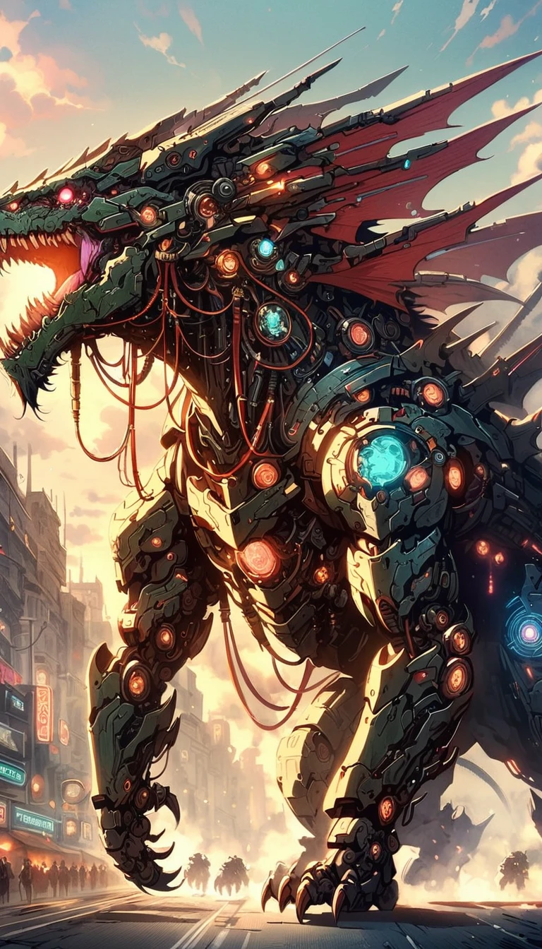 fantasy, sci-fi, dark fantasy, wide angle,  biomechanical monster, Tyrannosaurus, intricate details of mechanical parts, war machine monster, human rider on mechanical monster, immersive background of fantasy war of mechanical monsters, digital painting