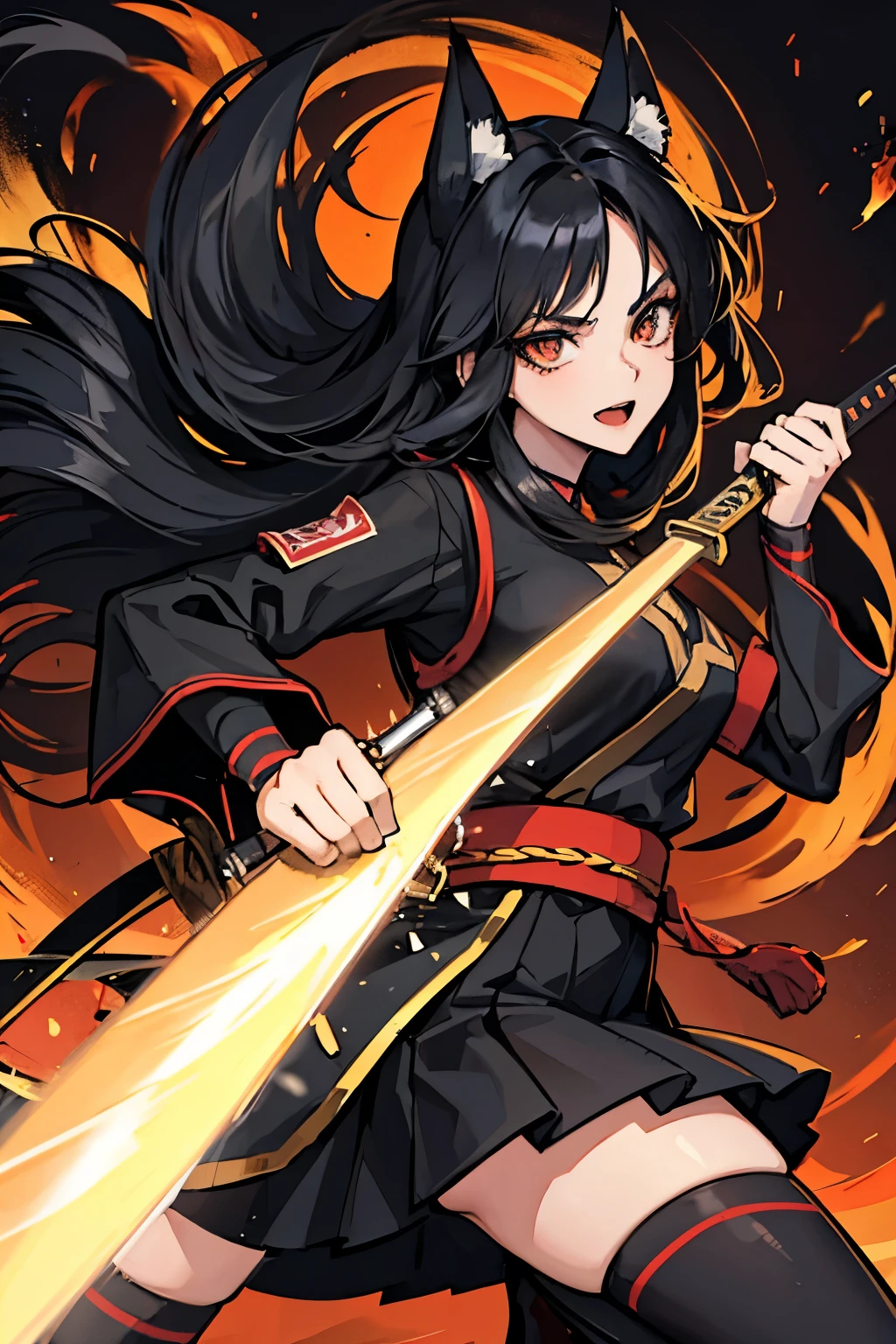 Anime girl, 16 year old anime girl, anime girl wearing black  clothes, she has long black hair and is wearing a fox mask, character in fighting stance, character a sword in each hand.