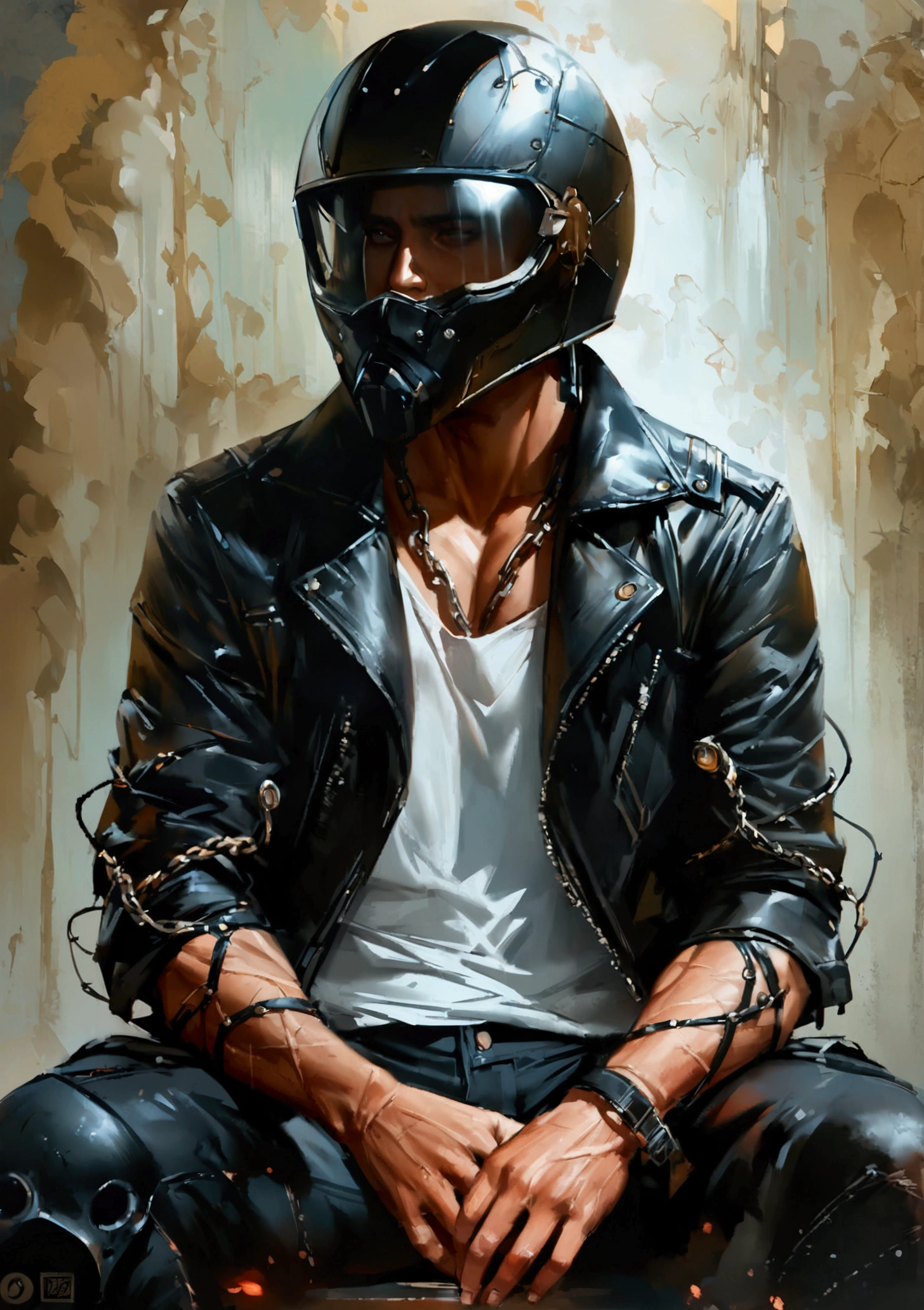 Realistic Digital Painting with Concept Art Elements"," digital painting," "concept art," "realistic," "high detail", "muscular",, "high-res", "ominous aura,", "8k resolution", "oil painting", "darker tone" , "little saturation" ,"dark feeling", "concept art" , "detailed features" , "detailed eyes" "1man" , "sitting" , "attractive", (masterpiece), best quality, Male, black leather jacket, black pants with chains, portrait, white t-shirt, handsome, nonchalant and tired, sexy, muscular, scars across chest, biker, "wearing a full face helmet" "face covered with a biker's helmet", "face hidden"