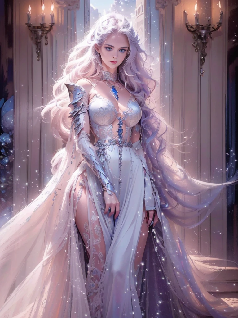 A beautiful girl with piercing blue eyes and long flowing silver hair, wearing ornate plate armor, wielding a large longsword, (best quality,8k,highres,masterpiece:1.2),ultra-detailed,(realistic,photorealistic,photo-realistic:1.37),intricate details,dramatic lighting,cinematic,fantasy art,digital painting,vibrant colors,glowing halo,powerful,heroic