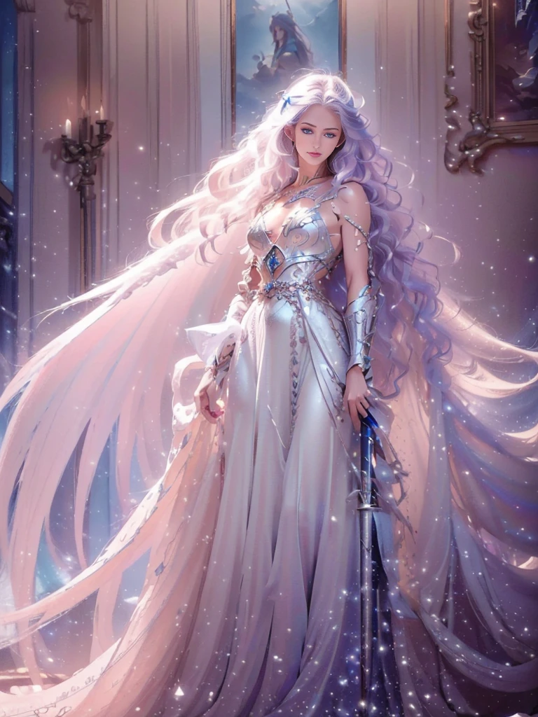 A beautiful girl with piercing blue eyes and long flowing silver hair, wearing ornate plate armor, wielding a large longsword, (best quality,8k,highres,masterpiece:1.2),ultra-detailed,(realistic,photorealistic,photo-realistic:1.37),intricate details,dramatic lighting,cinematic,fantasy art,digital painting,vibrant colors,glowing halo,powerful,heroic