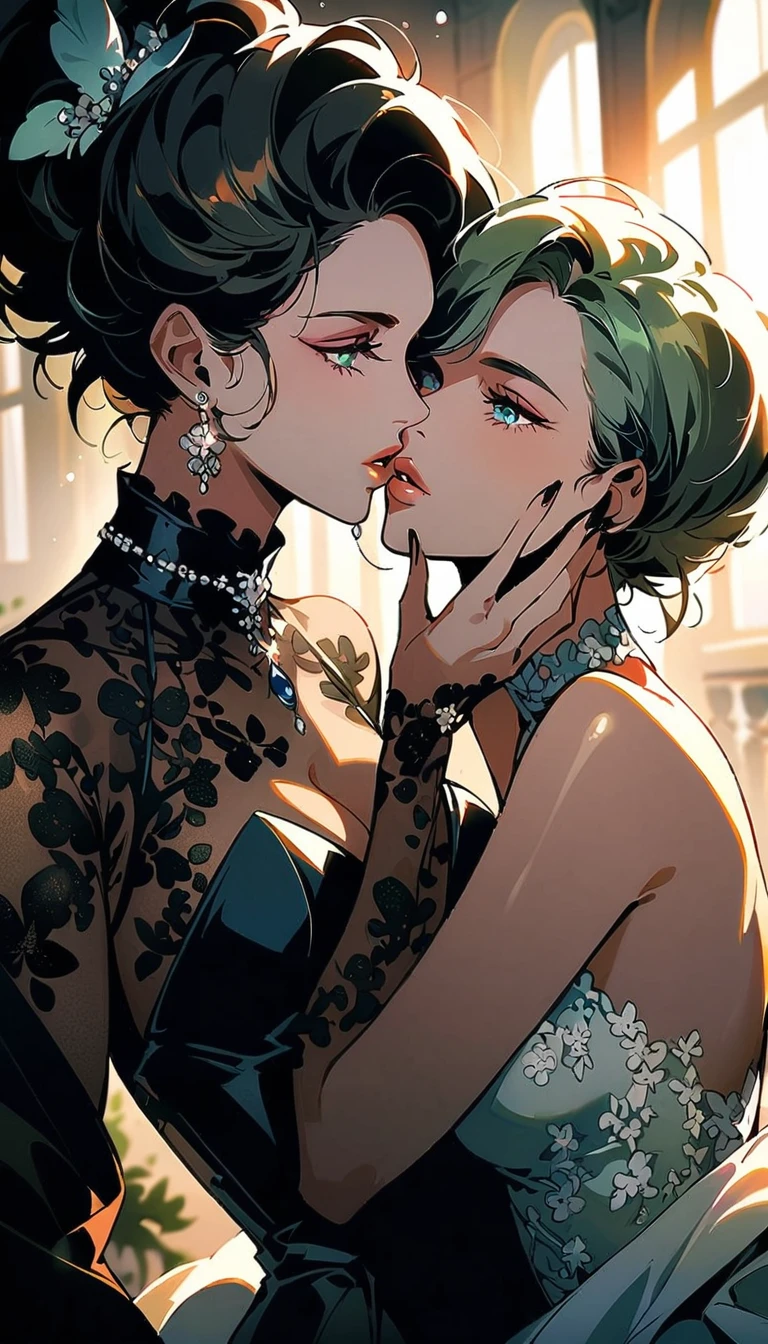 beautiful detailed eyes, beautiful detailed lips, extremely detailed eyes and face, long eyelashes, 2 girls, sensual, intimate, passionate, romantic, sexy, flawless skin, delicate features, soft lighting, chiaroscuro, muted colors, cinematic, dramatic, elegant, sophisticated, high fashion, editorial, vogue, high-end, luxury, glamorous, digital painting, kissing, half naked