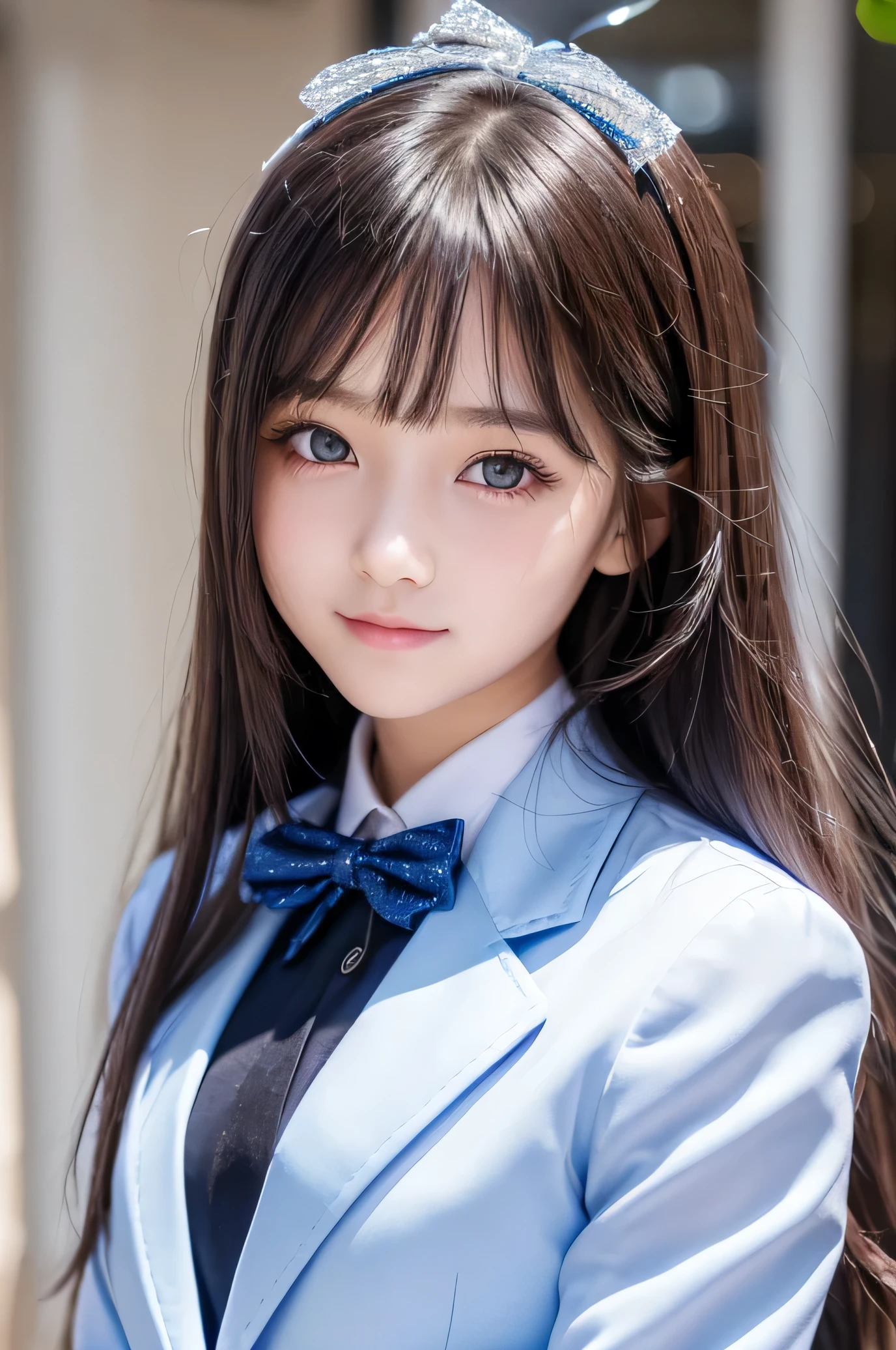 (Very beautiful  cute girl), (very  cute face:1.2),11 yo, (baby face),(sparking crystal clear attractive large eyes:1.2), Beautiful detailed eyes, Detailed double eyelids, (smiling), (realistic photograph:1.1), long straight hair,dark blue blazer high-school uniform,professional close-up portrait ,blue ribbon bow tie 
