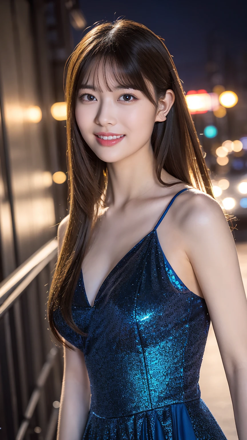 1girl,(wearing a blue glittery evening dress:1.2),(RAW photo, best quality), (realistic, photo-realistic:1.4), masterpiece, an extremely delicate and beautiful, extremely detailed, 2k wallpaper, Amazing, finely detail, extremely detailed CG unity 8k wallpaper, ultra-detailed, highres, soft light, beautiful detailed girl, extremely detailed eyes and face, beautiful detailed nose, beautiful detailed eyes,cinematic lighting,city lights at night,perfect anatomy,slender body,light smile,close up,(long hair with bangs), tight breast, open shoulder