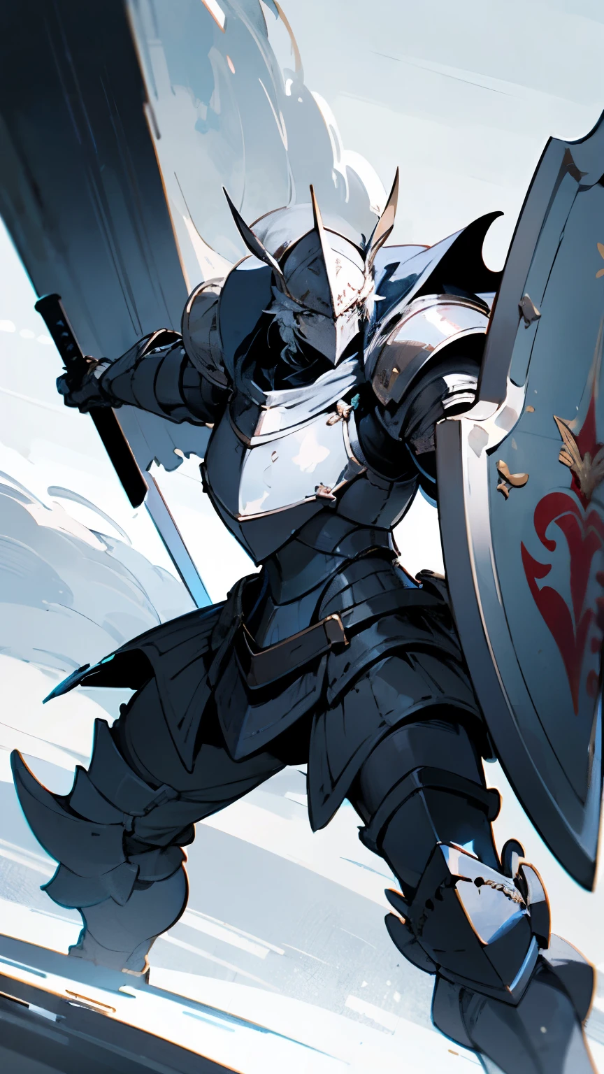 "Powerful armored knight with a majestic sword and shield. Determined expression. Standing atop a conquered fortress. Dynamic pose with flowing cape."