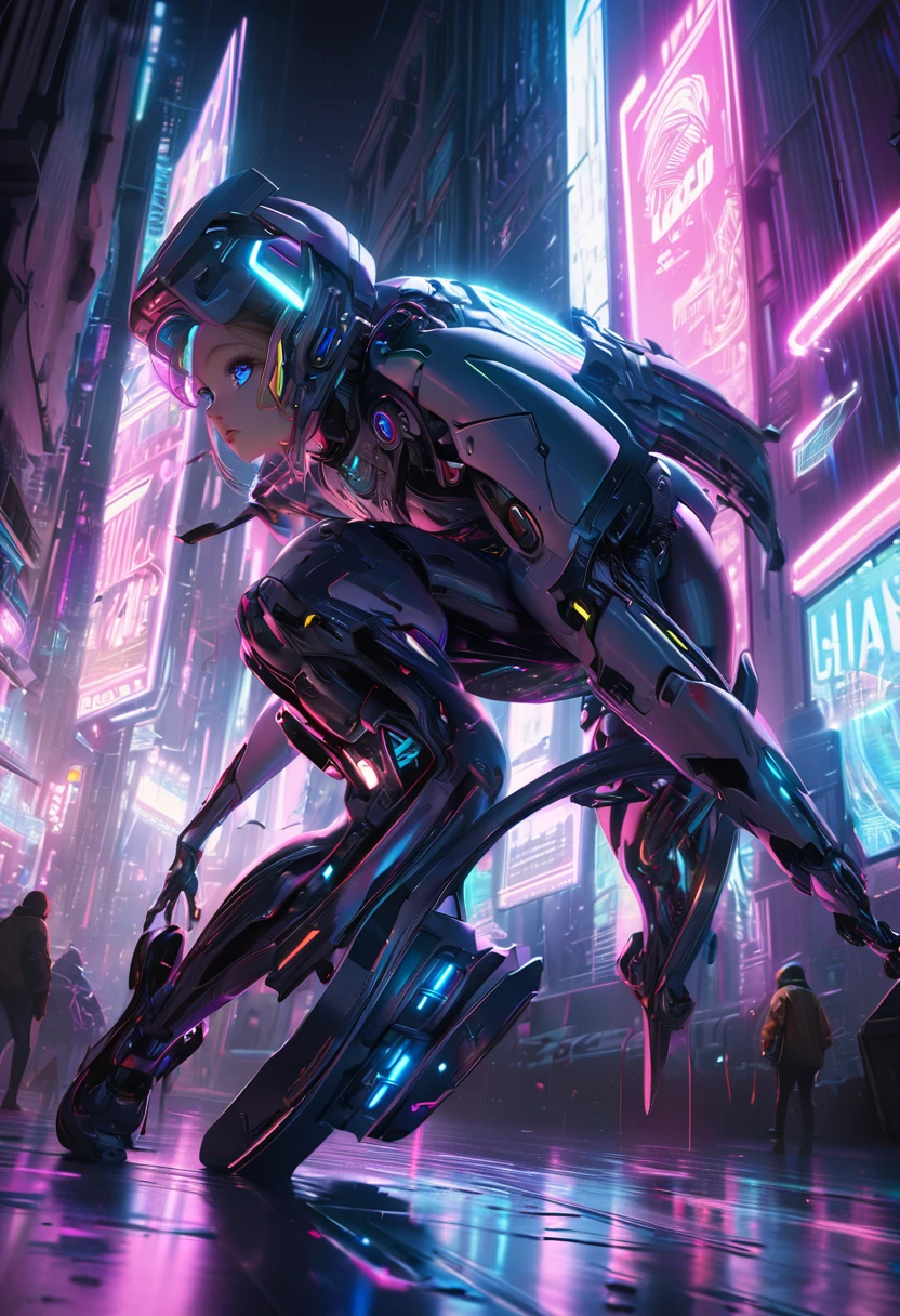 intricate futuristic android girl, 1girl, cyberpunk, bodysuit, liquid metal robot, elegant, graceful, dynamic pose, cinematic lighting, hyper detailed, photorealistic, 8k, masterpiece, highly detailed face, stunning eyes, sharp focus, vivid colors, dramatic shadows, cinematic composition, science fiction, dystopian, neon lights