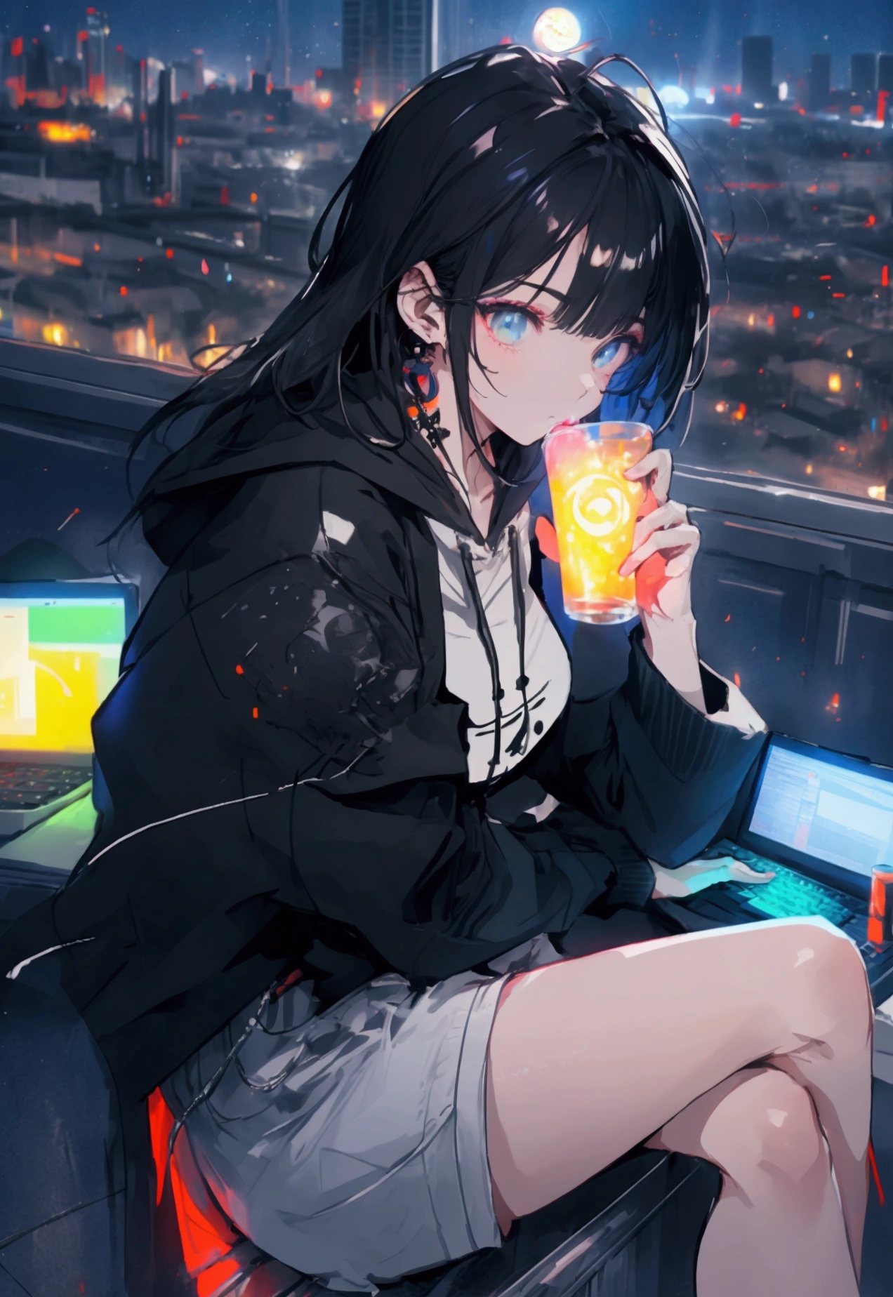 Beautiful Face、Beautiful legs、Black Hair、full moon,neon.hoodie,Sitting、IT Engineer、Building district、Landscape、rooftop、Using a laptop on your lap、You can see the cityscape