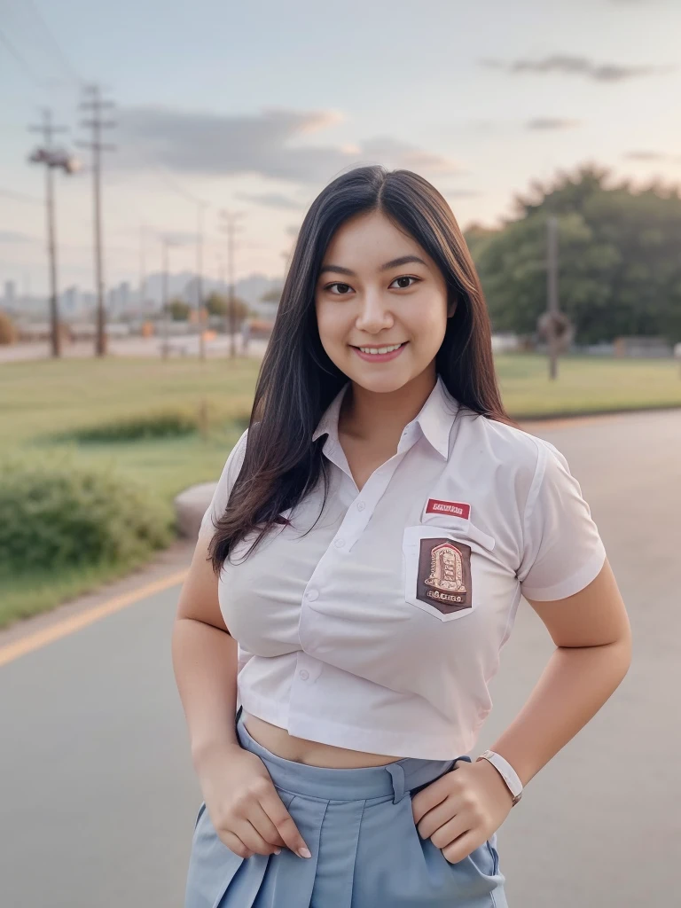 1girl, solo, 19 years old, (uniform), detailed Metropolitan city at the background, portrait, thick breasts, semi-curvy body, smooth realistic skin, cute smile, white shirt, grey blue short skirt, looking at the audience, high angle shot,(8k, RAW photo, best quality, masterpiece: 1.3), (realistic, realistic: 1.37), ultra-high resolution, cowboy shot