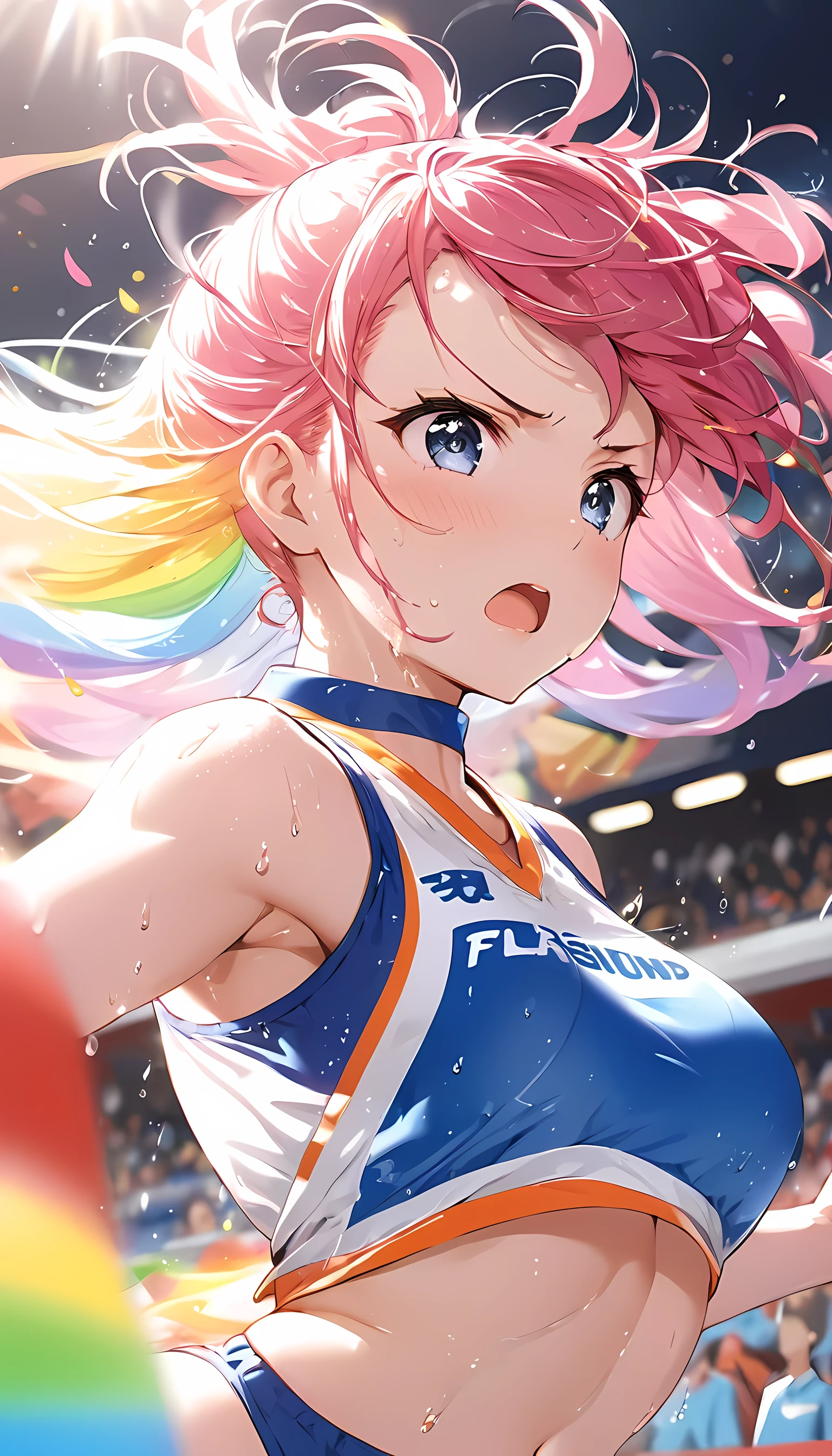 (Sports magazine cover photo), Highest quality, Great quality, 16K, Unbelievably absurd, Very detailed, delicate and dynamic, Natural light, The particles reflect light, Diffuse reflection of light, Many rainbow-colored petals fall, Beautiful truck studium, Sparkling Sun, Diffuse reflection of light, Create amazing image effects, , Wet, sweating, high jump competition, Close-up(Cute sexy girl, big bouncing busts, Sensual expression, Cool girl, Serious, passion, Dynamic, Flashy track and field uniform, audience , much-air-laden cheer)