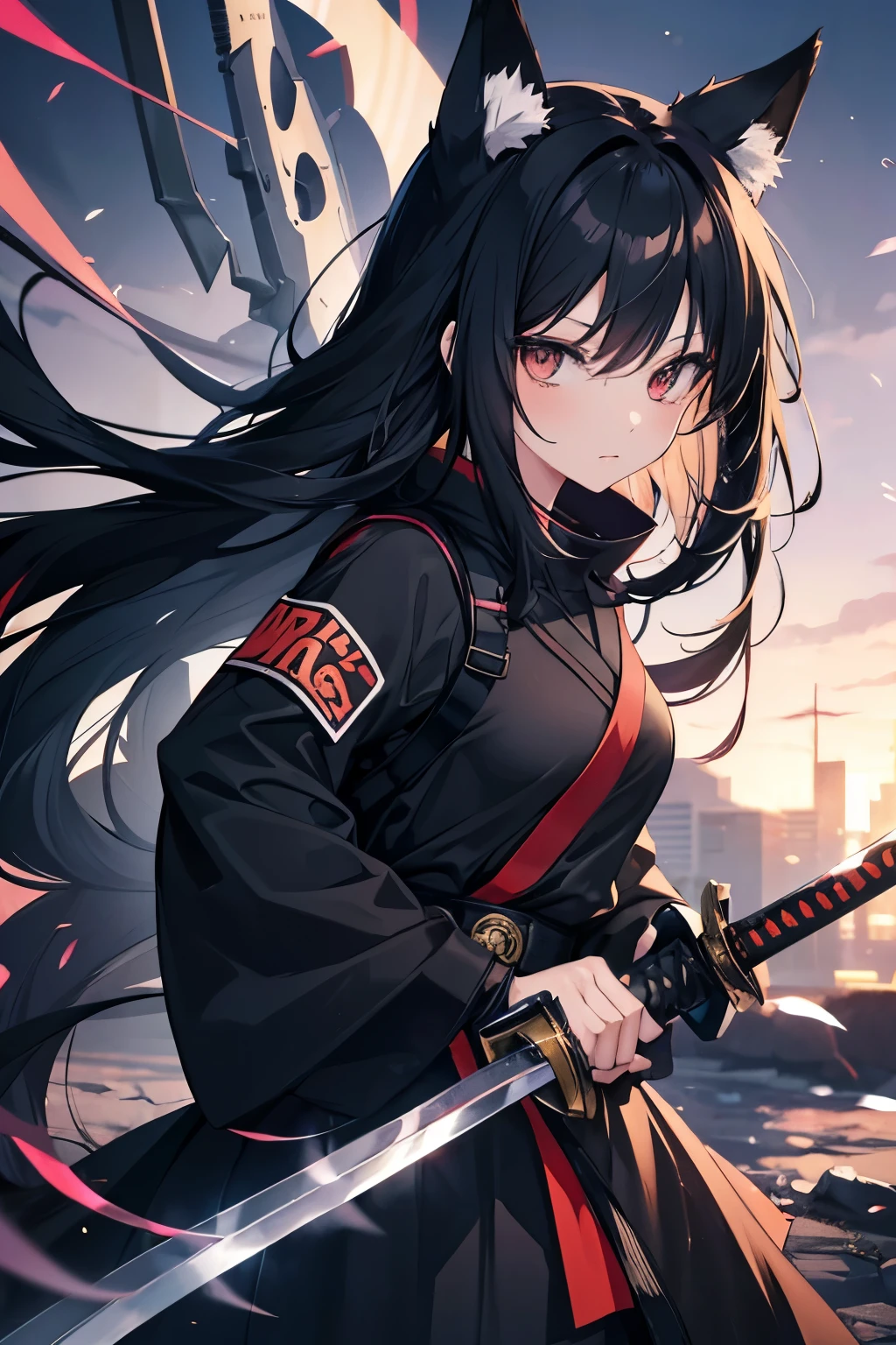 Anime girl,  anime girl, anime girl wearing black  clothes, she has long black hair and is wearing a fox mask, character in fighting stance, character a sword in each hand.