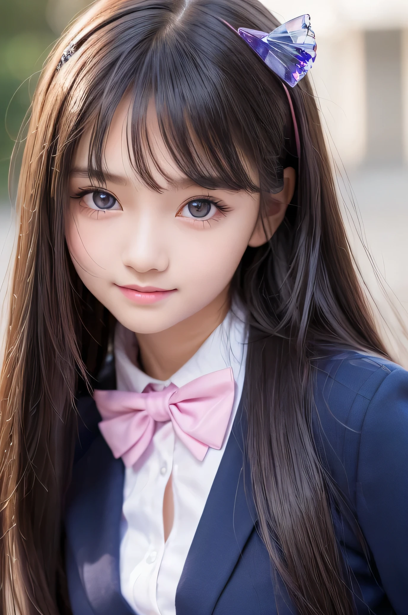 (Very beautiful  cute girl), (very  cute face:1.2),, (baby arking crystal clear attractive large eyes:1.2), Beautiful detailed eyes, Detailed double eyelids, (smiling), (realistic photograph:1.1), long straight hair,dark blue blazer high-school uniform,professional close-up portrait ,pink ribbon bow tie 