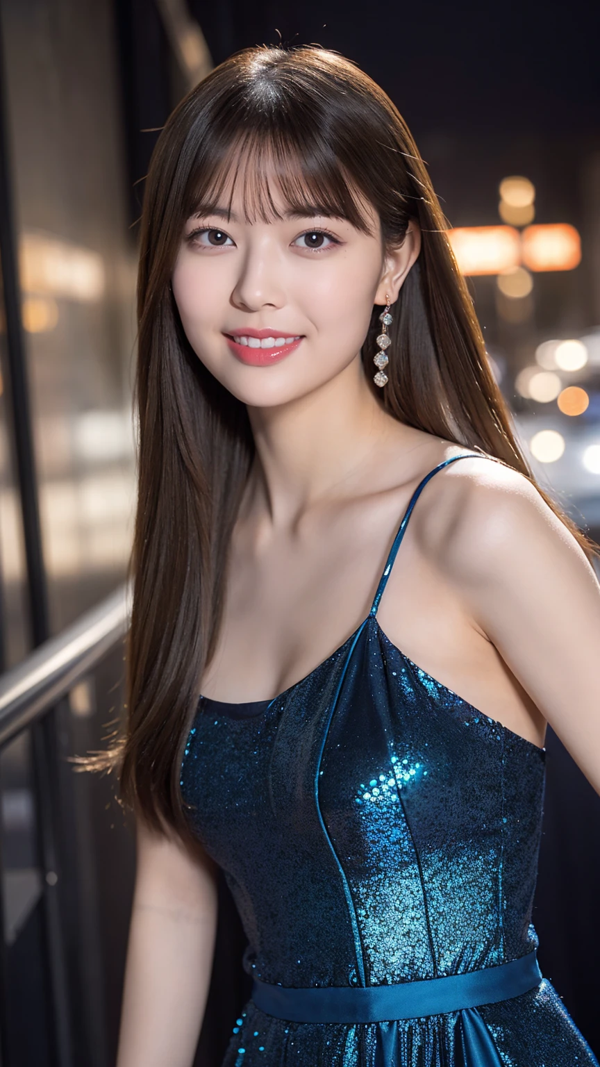 1girl,(wearing a blue glittery evening dress:1.2),(RAW photo, best quality), (realistic, photo-realistic:1.4), masterpiece, an extremely delicate and beautiful, extremely detailed, 2k wallpaper, Amazing, finely detail, extremely detailed CG unity 8k wallpaper, ultra-detailed, highres, soft light, beautiful detailed girl, extremely detailed eyes and face, beautiful detailed nose, beautiful detailed eyes,cinematic lighting,city lights at night,perfect anatomy,slender body,light smile,close up,(long hair with bangs), tight breast, open shoulder