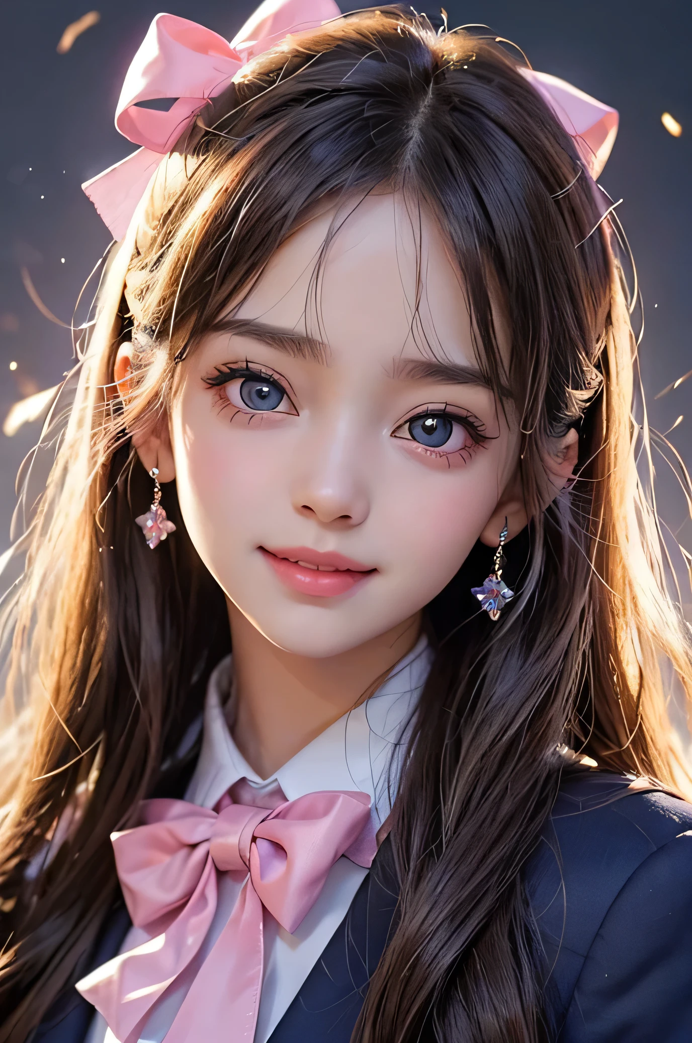 (Very beautiful  cute girl), (very  cute face:1.2),11 yo, (baby face),(sparking crystal clear attractive large eyes:1.2), Beautiful detailed eyes, Detailed double eyelids, (smiling), (realistic photograph:1.1), long straight hair,dark blue blazer high-school uniform,professional close-up portrait ,pink ribbon bow tie 