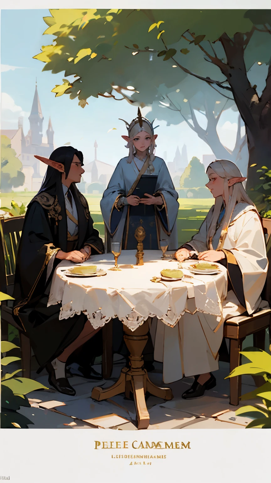 "Elegant elven ambassador in ornate robes. Surrounded by representatives of various fantasy races. Peaceful garden setting with a negotiation table."