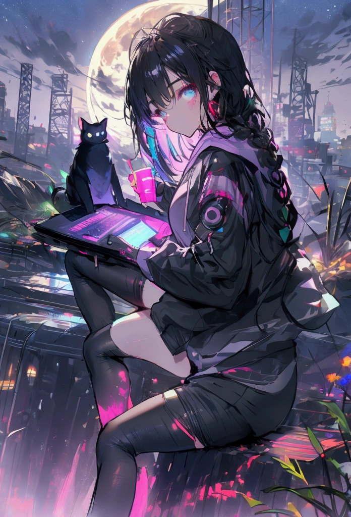 Beautiful Face、Beautiful legs、Black Hair、full moon,neon.hoodie,Sitting、IT Engineer、Building district、Landscape、rooftop、Using a laptop on your lap、You can see the townscape at your feet

