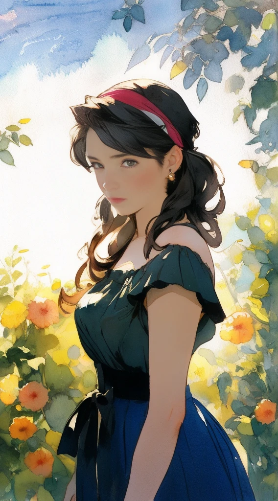 Beautiful adult mexican woman, looking at viewer intently and thoughtfully, headband, pulled hair very feminine, floral skirt, spaghetti strap top, watercolor painting by singer sargent