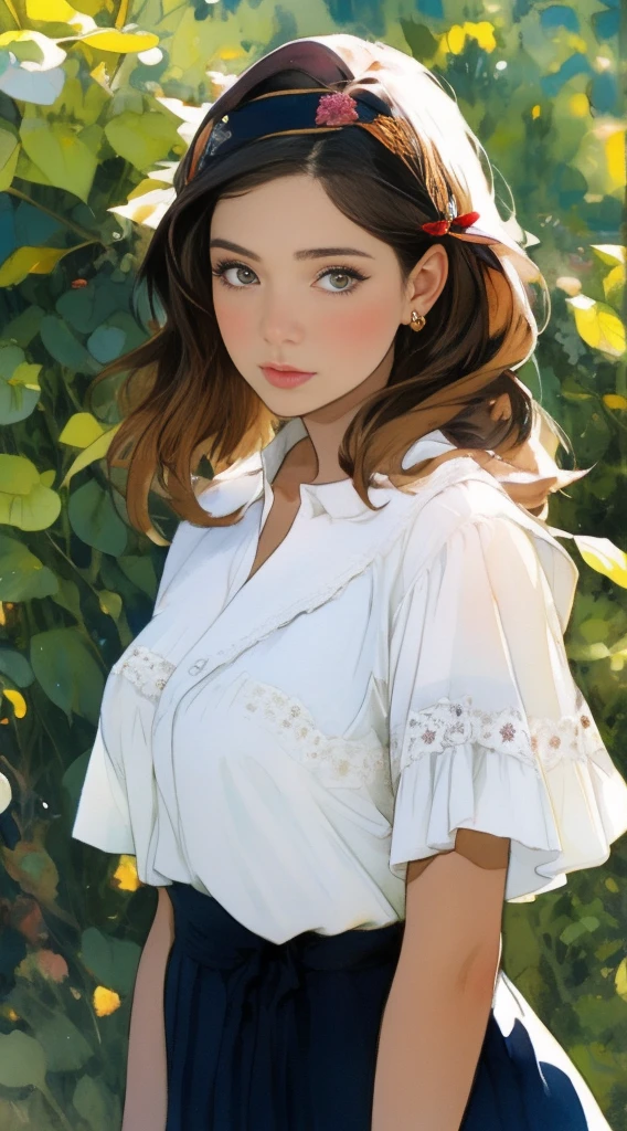 Beautiful adult mexican woman, looking at viewer intently and thoughtfully, headband, pulled hair very feminine, floral skirt, spaghetti strap top, watercolor painting by singer sargent