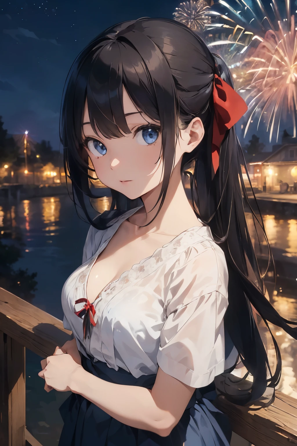 (masterpiece:1.3, Highest quality, Ultra-high resolution, Very detailed), (Realistic, photoRealistic:1.4), Beautiful illustrations, Perfect lighting, Natural light, colorful, Written boundary depth, NFSW, View your audience, 1 girl, Japanese, Perfect Face, Cute and symmetrical face, Glowing Skin, (Twin tails:1.5, blonde), blue eyes, (Small breasts, seductive thighs, ), and, Beautiful Hair, Beautiful Face, Beautiful attention to detail, Beautiful clavicle, Beautiful body, Beautiful breasts, Beautiful thighs, Beautiful legs, Beautiful fingers, (Beautiful views), (Beautiful Fine Eyes, ,The girl has a toned figure., Intricate details,Closely、Embarrassed expression、blush、Shining Sweat、Perfect Skin,Sweat is noticeable in the cleavage、Sweating on thighs is noticeable、 Fair skin,Tight waist, Sweating profusely、Sweaty hair、Sweaty clothes、Sweaty、Visible sweat、Sweat-soaked hair、Summer Traditions、Hot summer nights。A young female ninja looks up at the colorful and beautiful fireworks.、、Light and shadow contrast、Reflection of light、Japan no Kunoichi、See-through ninja costume、No sleeve、Glamour、