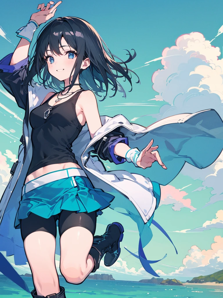 perfect anatomy, precise illustration, extremely detailed CG,  
((masterpiece, best quality, extremely detailed, absurdres)),    

1girl, (Rinoa from final fantasy 8), black hair, straight hair, middle hair, forehead, black eyes, light blue arm warmers, necklace, light blue sleeveless coat, black shirt, blue skirt, arm ribbon, bike shorts, boots, smile, running, seaside, morning, オーストラリアンシェパード, スパッツ, little tits,