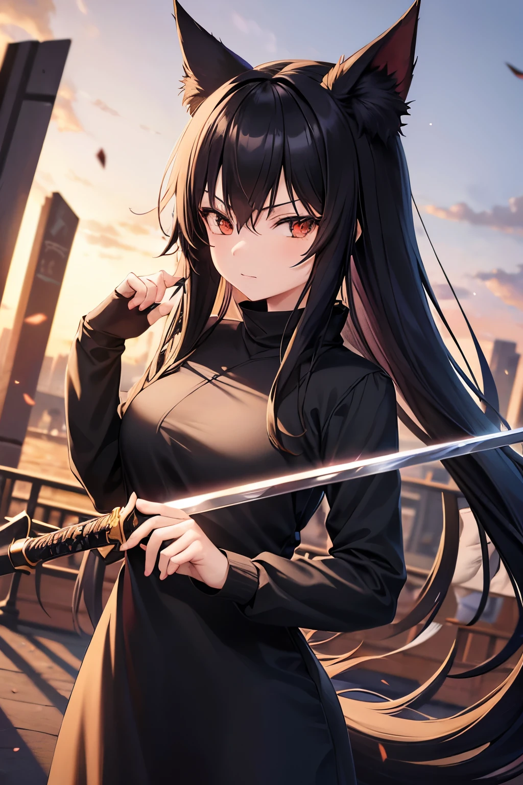 Anime girl, 16 year old anime girl, anime girl wearing black clothes, she has long black hair and is wearing a fox mask, character in fighting stance, character a sword in each hand.