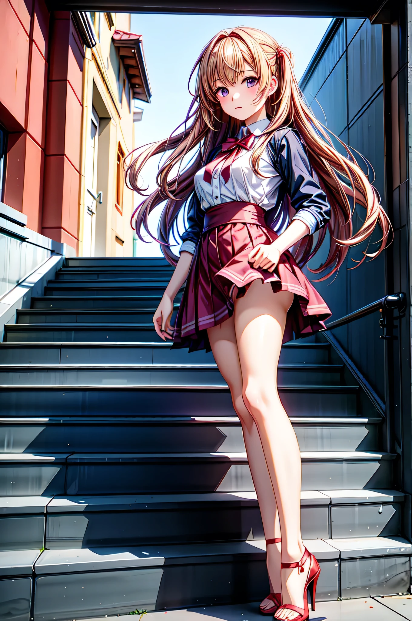 Ultra-realistic 8k CG,masterpiece,best quality, A woman in a short skirt and high heels standing on the stairs。, Beautiful anime school girl, seductive Anime Girls, Surreal , attractive Anime Girls, Anime Girls with long hair, Beautiful and attractive anime teen, beautiful Anime Girls, Anime full body illustration, Anime Girls, Ilya Kuvshinov with long hair, an Anime Girls