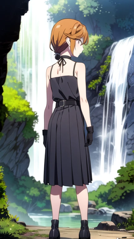 score_9, score_8_superior, score_7_superior, score_6_superior, score_5_superior, score_4_superior, sauce_anime, 4K resolution, Highest quality, One girl, Medium chest, Slim body, beautiful, Comic Style, Bruises,Green Hair, bangs,Hair between the eyes,Side Ponytail, Purple eyes,Black choker, clavicle, No sleeve, Black Dress,No sleeve dress, Halter neck,Pleated skirt, Black gloves,belt,Black footwear,Half-closed eyes, cave, waterfall, Wet Hair, From behind, Put your hands in your hair, Recall,