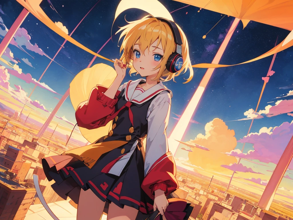 (Highest quality,4K,Very detailed),Anime Style,fan,Anime illustration,Digital Art,Detailed Description,short hair,Detailed digital anime art,Anime Style 4K,Night Sky,A girl studying with headphones