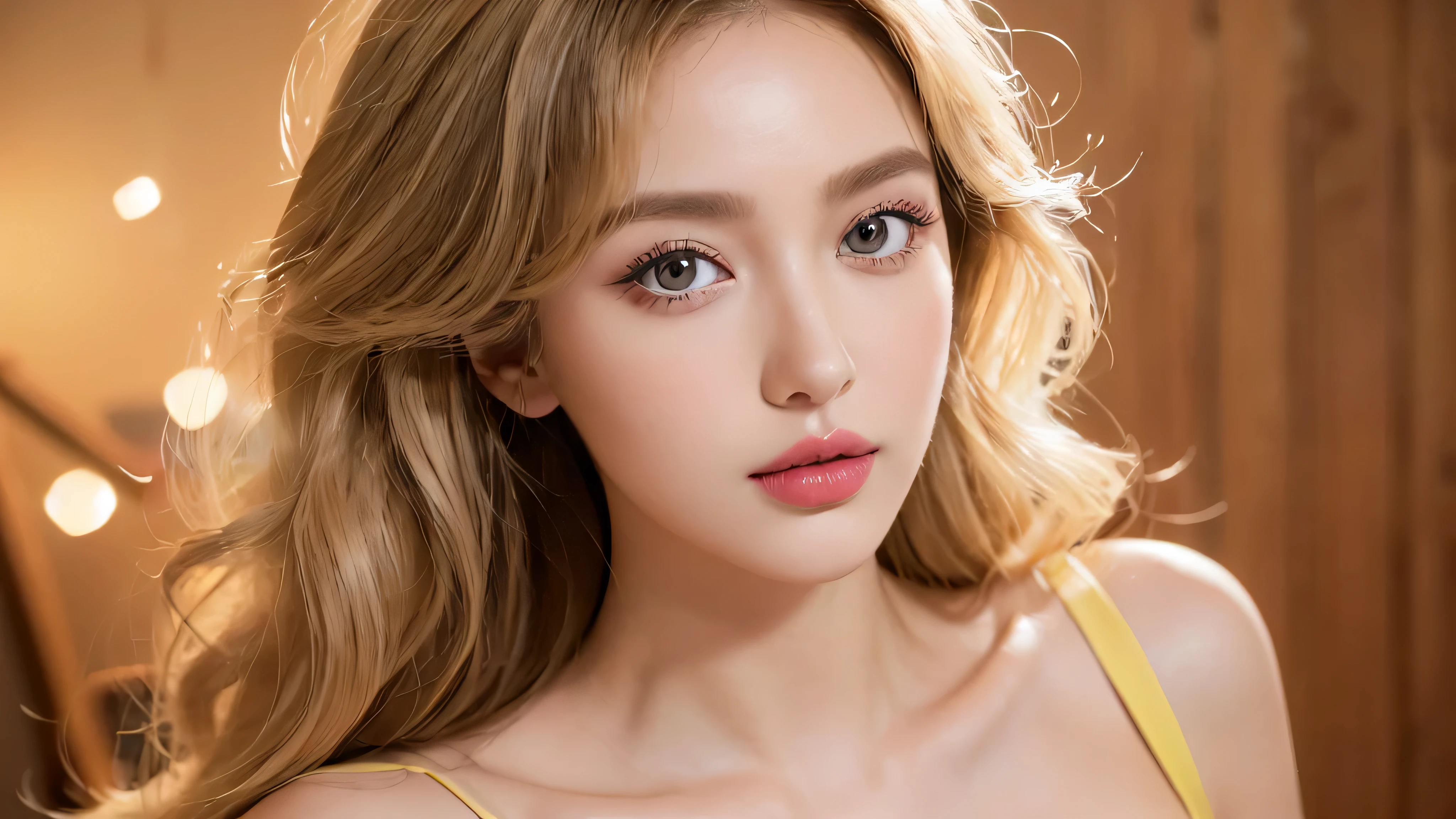 (masterpiece: 1.5, best quality, high resolution: 1.3, Super resolution, super detail, super detail: 1.3, Rich Background: 1.2), 1 girl, Alone, Portrait photo of a beautiful 28 year old girl in a modern style light purple dress, beautiful face makeup, Curly hair has just been dyed light blonde, light yellow lipstick, brown eyes