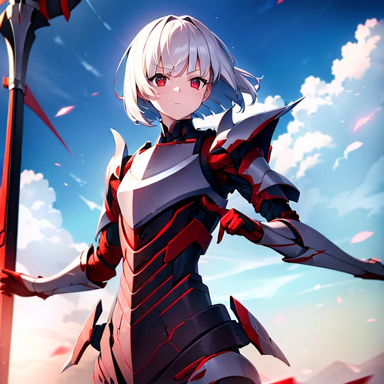(girl)(white short hair)(red eyes)(Driving exoskeleton armor)(Cool battle scenes)(The blade flickers)(Fierce clash of weapons)(Battle Damage Edition)(Injuried)4K