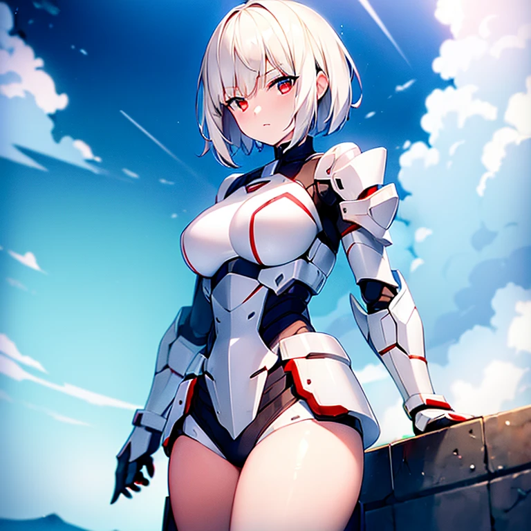 (girl)(white short hair)(red eyes)(Driving exoskeleton armor)(Cool battle scenes)(The blade flickers)4K