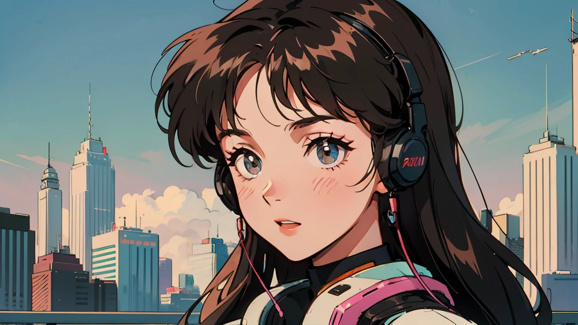 Highest quality, 8k, 1990s style,Hairstyles of the 2010s, 21 year old girl, Brown Hair, Light brown eyes, City Pop, Wear headphones