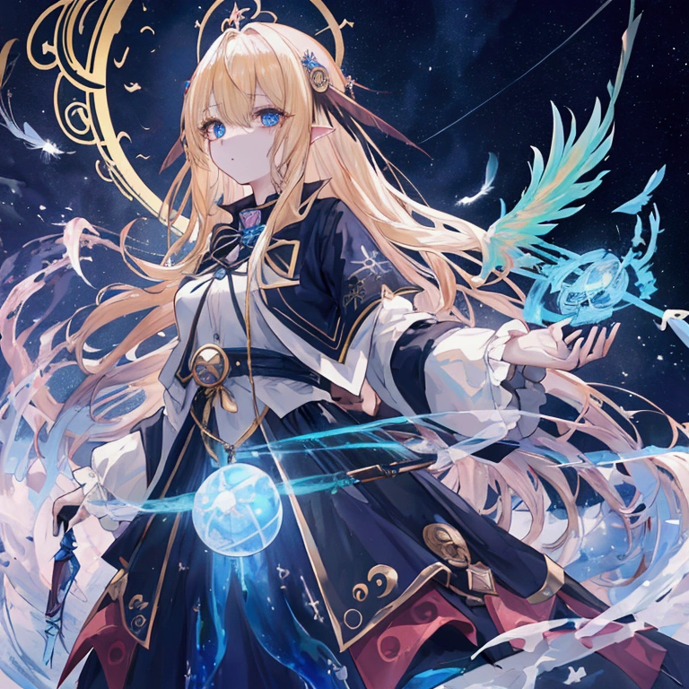 ((Highest quality,8k,Absurd Resolution,16K, masterpiece: 1.3)), Blood, night, darkness, (Fantasy), unlimited, Deep blue sky, abyss of Knowledge, Knowledge, ((masterpiece)),(((radical))),((Fine and beautiful eyes)),(eyelash) , monster, (woman), blonde, Long Hair, Detailed face,Eye of the Abyss, Glowing Skin, Oil, , (Bird's body, feather), Rags, Tzeentch, Goblins, radically fine CG unity 8k wallpaper, masterpiece ,((Very detailed)),((shape)), colorful, wallpaper, energy, Fear of the unknown, Magical Environment, Magical Environment, Detailed and detailed,Magic wand, Book Page, Flying in the sky, Understanding the past , unlimitedの知恵, Blue Flame, Warlock, magic circle, Pentagram, 壮大なFantasyのデジタル アート スタイル,壮大なFantasyアートスタイル,Unique Design,One and only,Great composition,One Scene,Anime Style,Studio Lighting,Ultra Wide Angle,Original elements,Description of the whole body,Dynamic Angle,symbol,Dynamic Lighting,Professional Color Grading,creative,Extremely detailed,Glow effect,8K Ultra HD, HDR,Unique Design,One and only,A magnificent composition,One Scene,Anime Style,Studio Lighting,Ultra Wide Angle,Original elements,Detailed texture,Full body description,Dynamic Angles,Iconic,Dynamic Lighting,Professional Color Grading,original,Extreme detail,Glow effect