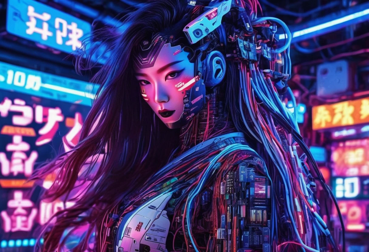 high tech, Futuristic, Cyborg Girl, (Realistic:1.4), Long hair made of cables, robot, In the background there are lots of computer cables, Ultra-high resolution, Ultra-high resolution, 8k, Neon Light, Japanese Culture, kimono, The Spanish Devil