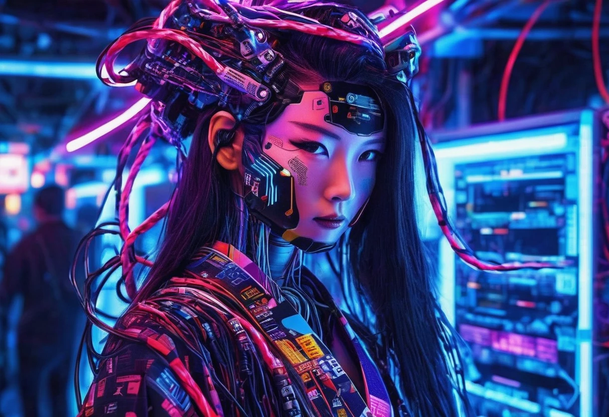 high tech, Futuristic, Cyborg Girl, (Realistic:1.4), Long hair made of cables, robot, In the background there are lots of computer cables, Ultra-high resolution, Ultra-high resolution, 8k, Neon Light, Japanese Culture, kimono, The Spanish Devil