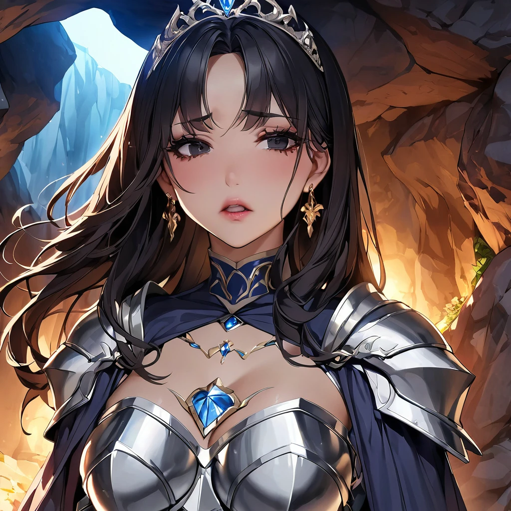 NSFW, masterpiece、highest quality、Ultra-high resolution、Maximum resolution、very detailed、Professional Lighting、anime、Adult women、thin、so beautiful、Beautiful face、Scared、Armored Dress、Blue full plate armor、Shiny Armor、White decoration、Gorgeous tiara、Golden earrings、Black Hair、Black Eye、Pink Lips、belt、Cape、cave