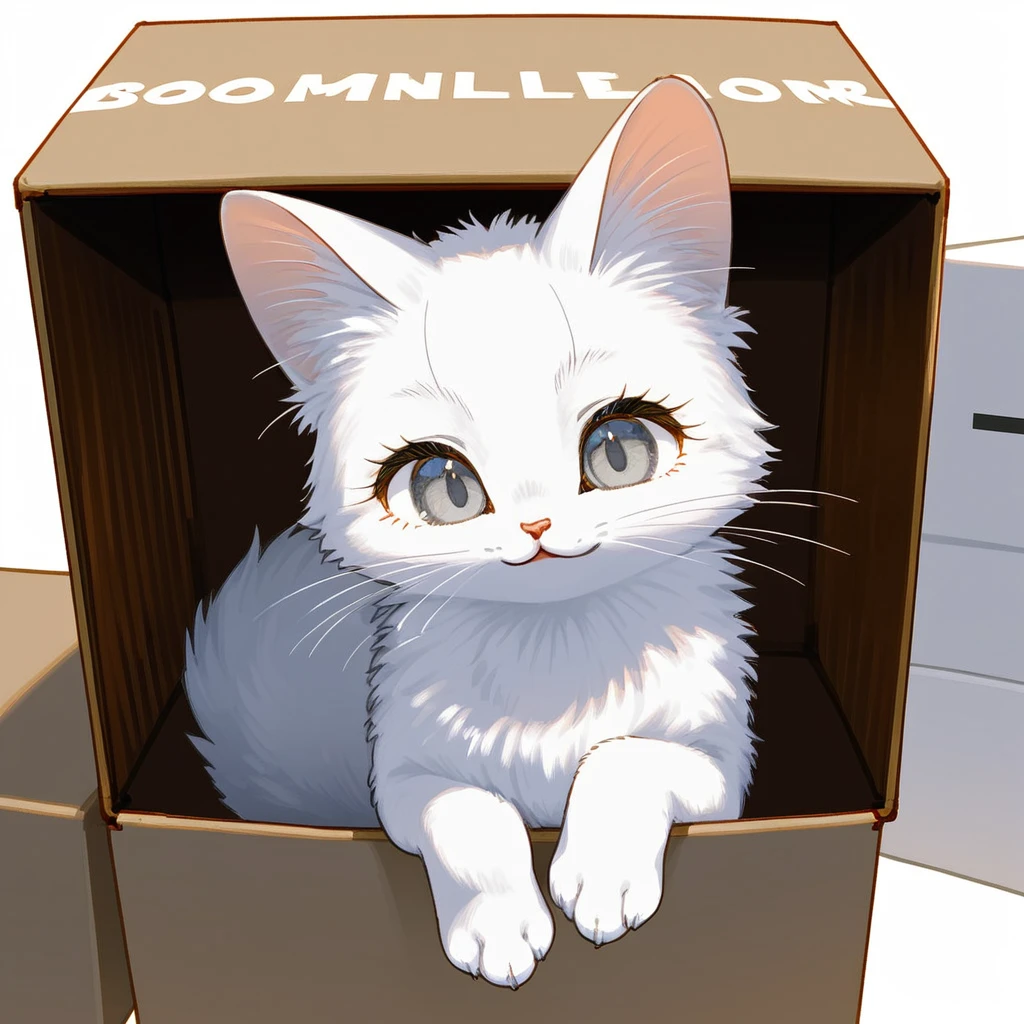 Solo, Cinematic, white cat, female, feral, fluffy body, smilling, beautiful and detailed eyes, grey eyes, 4 toes, 4 fingers, greeting the viewer, young, kemono style, cloud background, with a box in hands