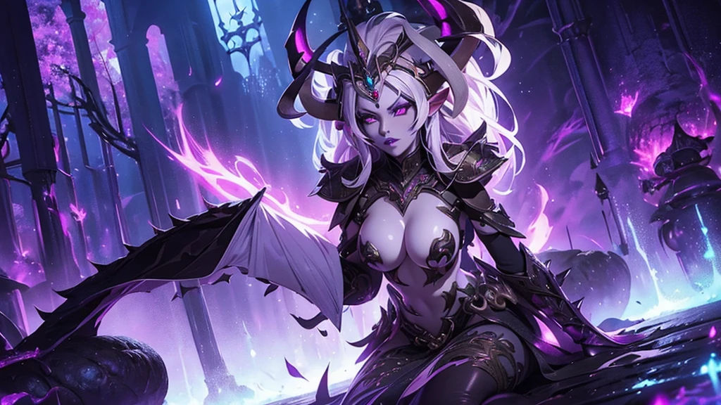 Beautiful Alluring female drow knight, she is wearing an ornated horned crown, Mythology Theme, Fantasy Theme, purple Skin, fair long white hair, red eyes, a cup size extremely small breasts, Inside A magical dark bioluminescent mushroom forest, Barely Clothed, gothic spiked bikini armor, Beautiful D&D Character Portrait, Beautiful Fantasy, Detailed, Digital Art, Extreme Detail, Polished, Beautiful, Hyperdetailed, Intricate, Elaborate, Meticulous, Anime Character, Detailed, Anime Face, Sharp Focus, Unreal Engine, 3d Rendered, Volumetric Lighting, Reflections, Glossy, Digital Illustration, Sensual Pose, Suggestive Pose, Full Body Shot, small perky breasts, anatomically correct 💖❤💕💋❣