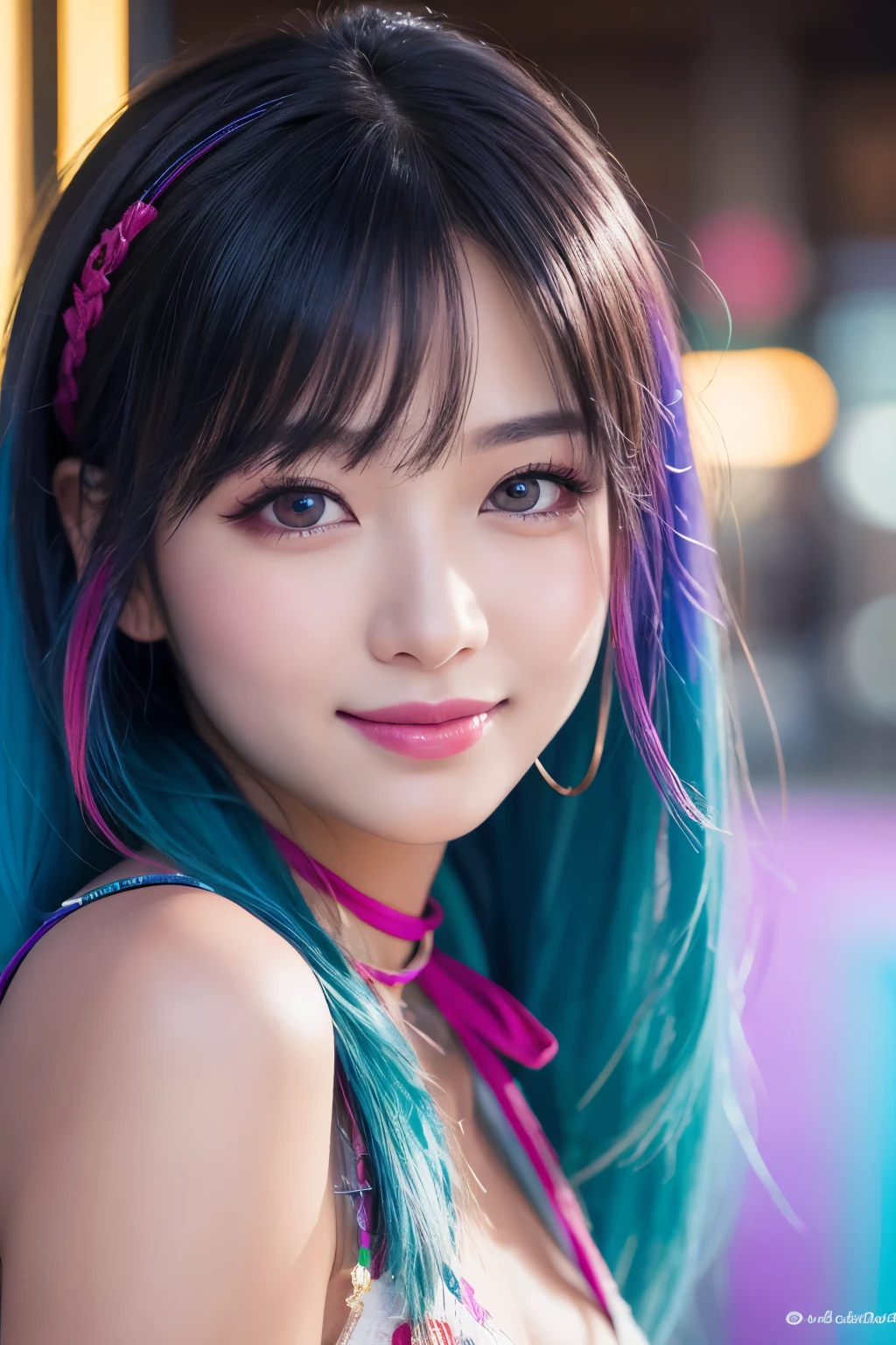 high quality, real、High resolution, Realistic、8k、masterpiece, detailed.impressive, Cutting-edge female photography portraits,Gentle expression、smile、 Looking at the camera、Facing forward、cyan, and purple, Her vibrant makeup really catches the eye.. Her colorful hair is tied up high, Neon Town