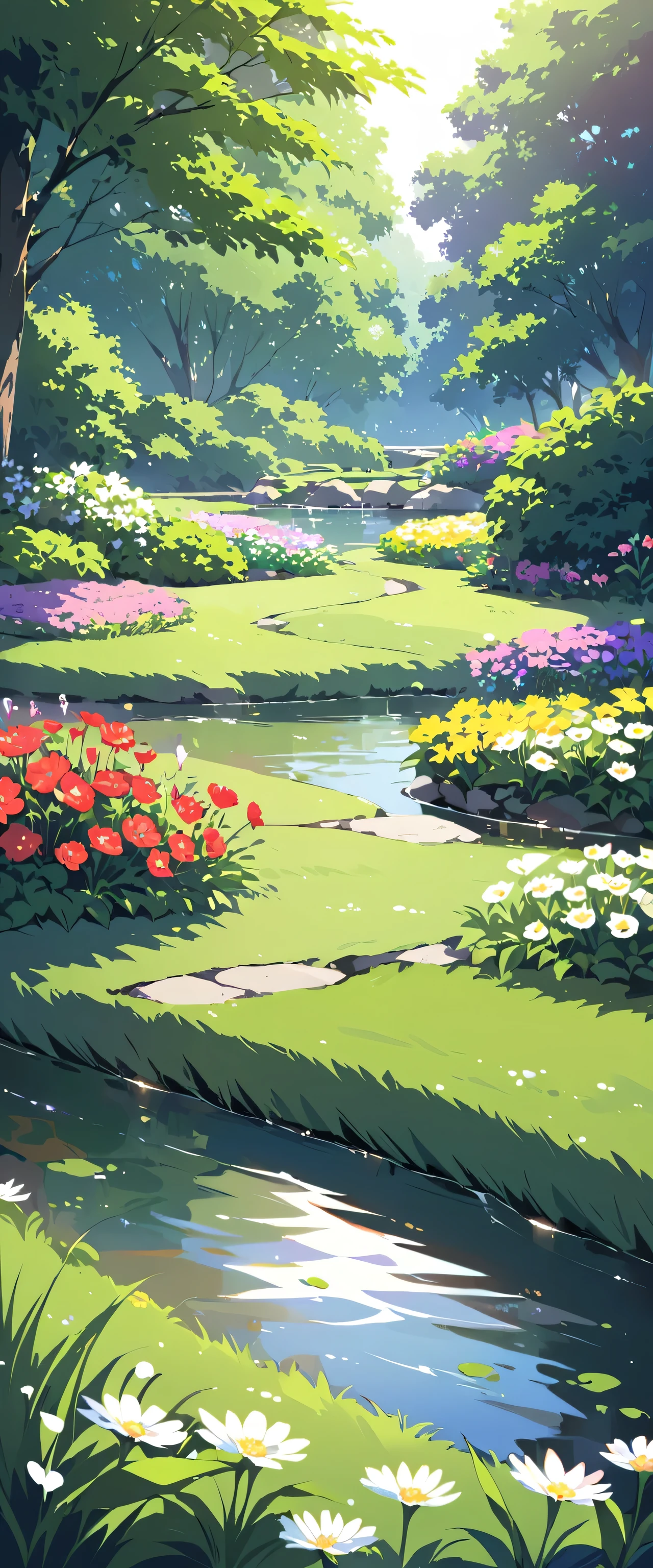 Attention to detail, Super Detail, Ultra-high resolution, Generates beautiful and serene garden images, With colorful flowers, Gentle creek, and the sounds of nature. Showing calm, Life, And the beauty of a perfect day.