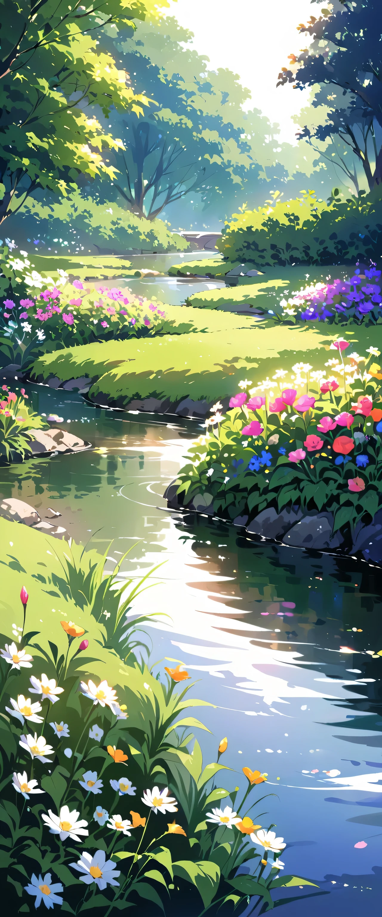 Attention to detail, Super Detail, Ultra-high resolution, Generates beautiful and serene garden images, With colorful flowers, Gentle creek, and the sounds of nature. Showing calm, Life, And the beauty of a perfect day.