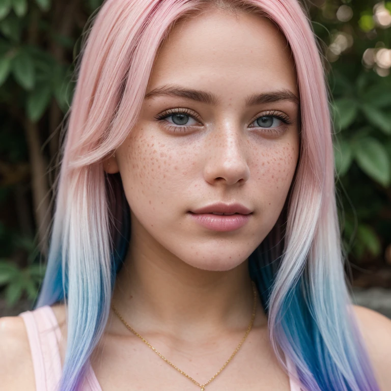 beautiful age 18 girl,pastel hair,light freckles sexy,beautiful,close up,young,gold chain,dslr,8k,4k,ultrarealistic,realistic,natural skin,textured skintaken with iphone camera,BREAK medium shot selfie of a pretty young woman,BREAK (ombre:1.3) blonde pink,BREAK film grain,medium quality,