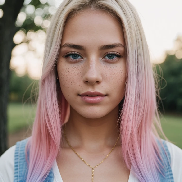 beautiful age 18 girl,pastel hair,light freckles sexy,beautiful,close up,young,gold chain,dslr,8k,4k,ultrarealistic,realistic,natural skin,textured skintaken with iphone camera,BREAK medium shot selfie of a pretty young woman,BREAK (ombre:1.3) blonde pink,BREAK film grain,medium quality,
