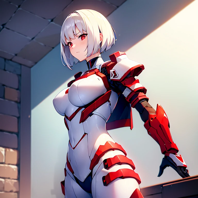 (girl)(white short hair)(red eyes)(Driving exoskeleton armor)(Cool battle scenes)(The blade flickers)4K