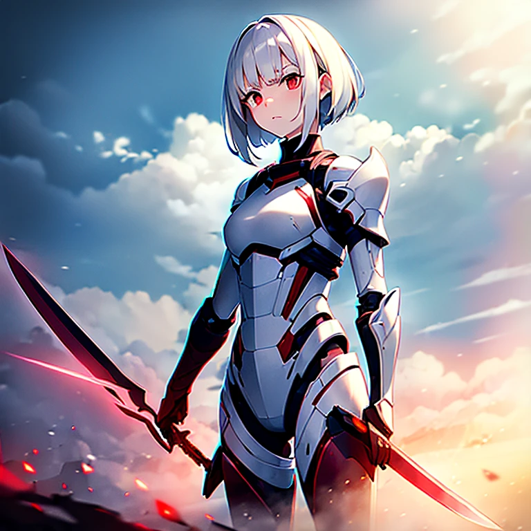 (girl)(white short hair)(red eyes)(Driving exoskeleton armor)(Cool battle scenes)(The blade flickers)4K